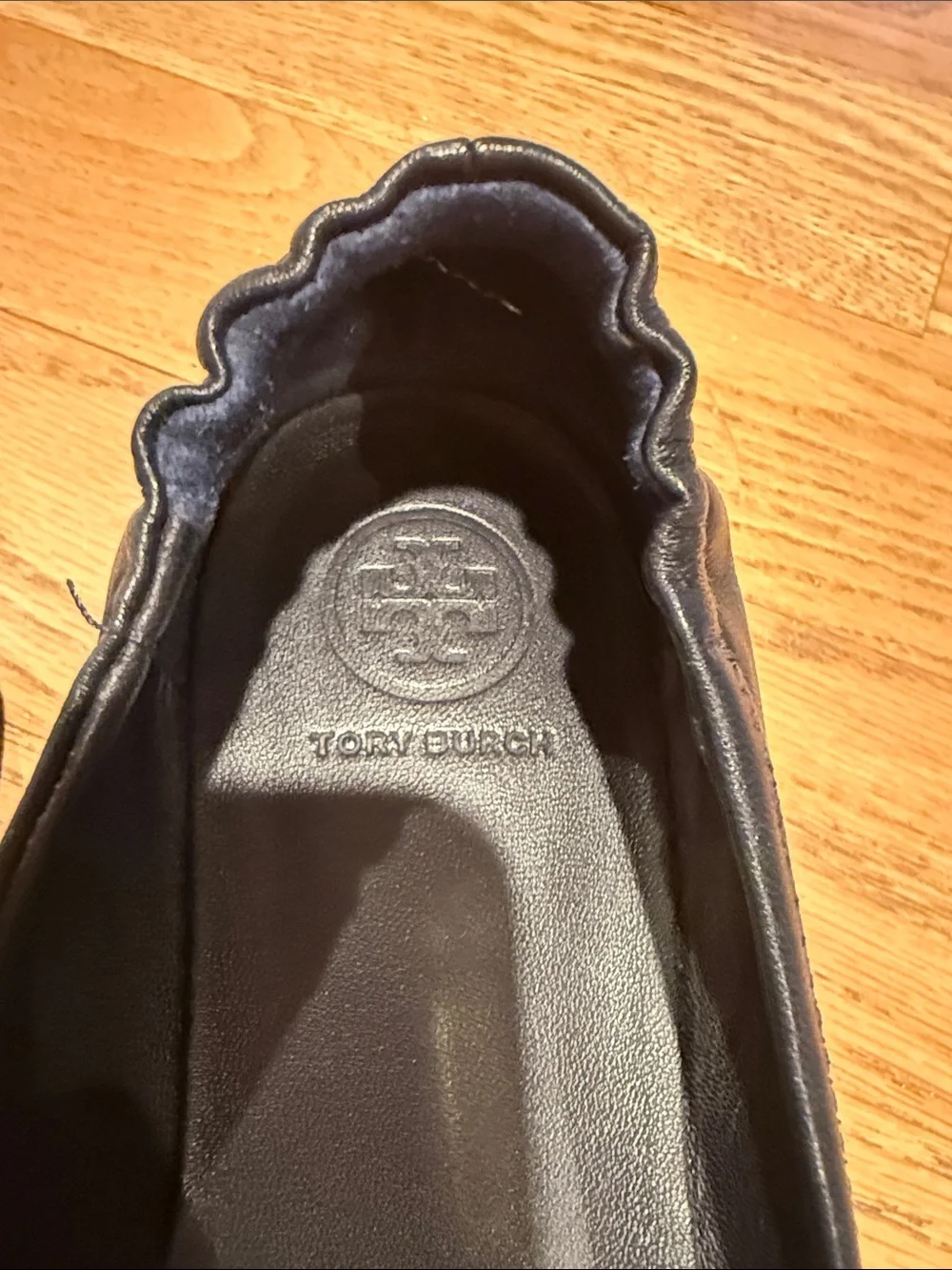 Tory Burch Navy Leather Logo Toe Ballet Flats with Gold Emblem